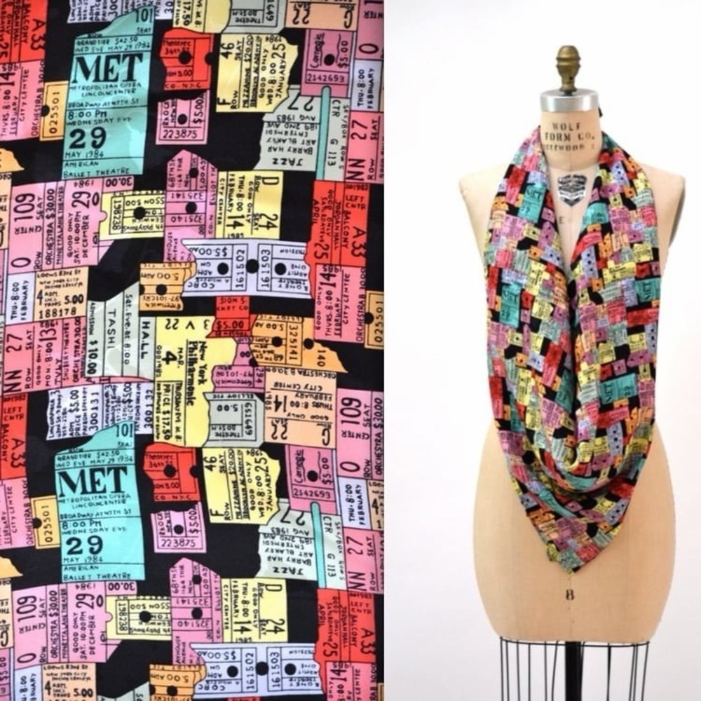 Vintage 90s Nicole Miller 100% Silk Scarf Orchestra & Opera Ticket Sz 42x41